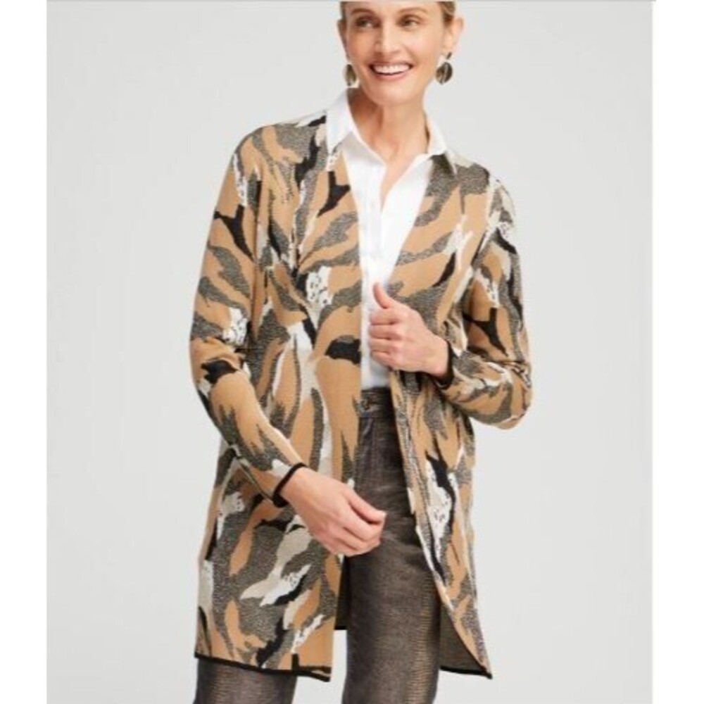 Chico's Long Open-Front Cardigan in Camel, Black & White Abstract Print